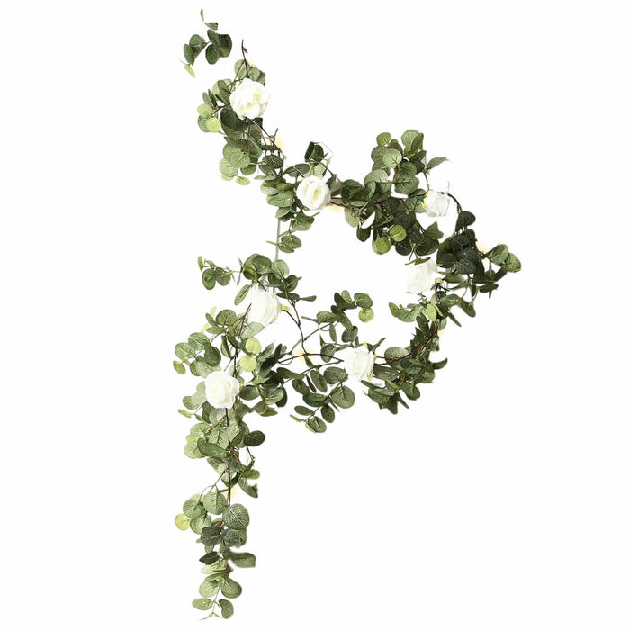 6 ft Eucalyptus Garland with Silk Roses and Battery Operated LED Lights - Green and Ivory LEDSTR_ARTI_GLND_GRN016