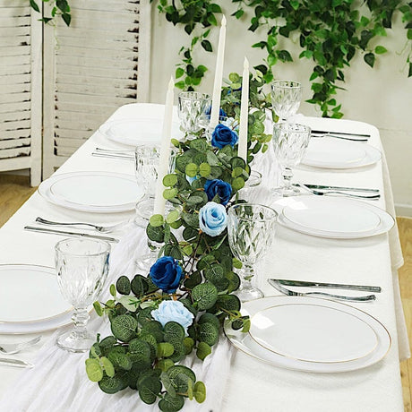6 ft long Artificial Eucalyptus Foliage Garlands with Silk Roses - Frosted Green