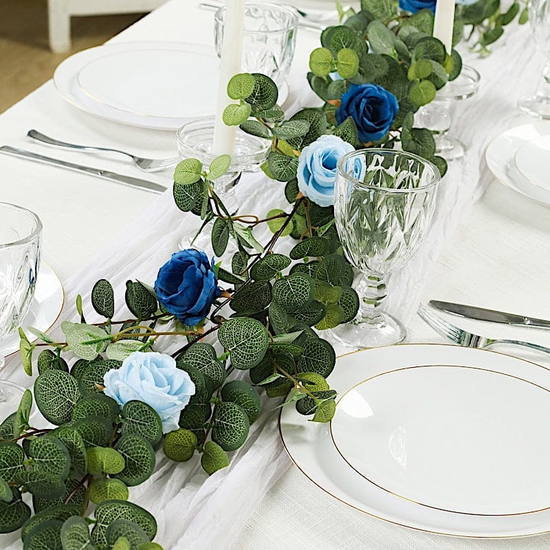 6 ft long Artificial Eucalyptus Foliage Garlands with Silk Roses - Frosted Green