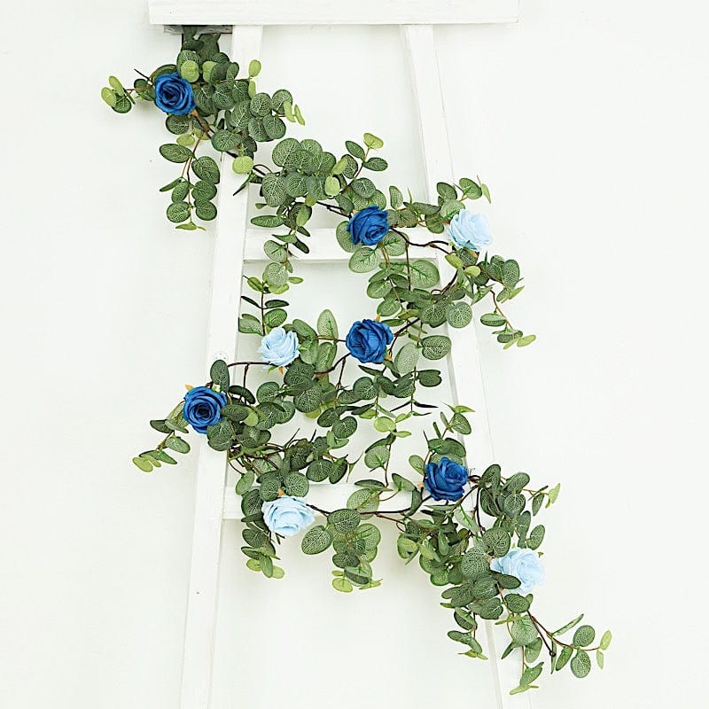 6 ft long Artificial Eucalyptus Foliage Garlands with Silk Roses - Frosted Green
