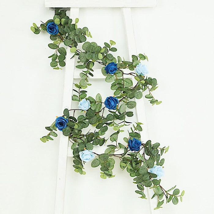 6 ft long Artificial Eucalyptus Foliage Garlands with Silk Roses - Frosted Green