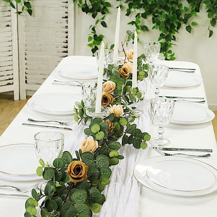 6 ft long Artificial Eucalyptus Foliage Garlands with Silk Roses - Frosted Green