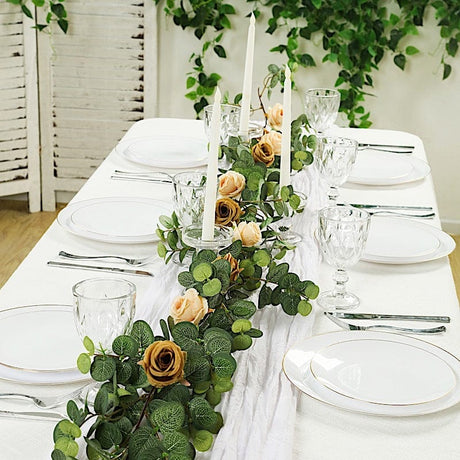 6 ft long Artificial Eucalyptus Foliage Garlands with Silk Roses - Frosted Green