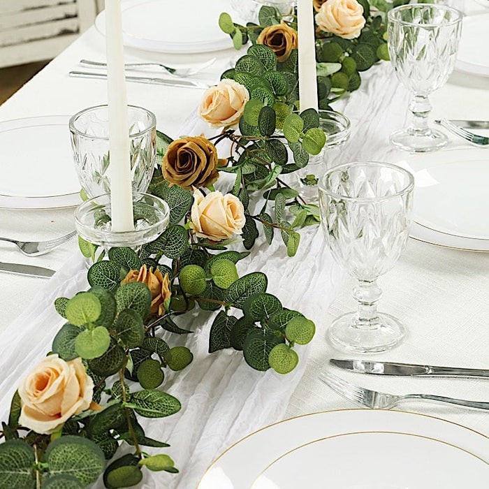 6 ft long Artificial Eucalyptus Foliage Garlands with Silk Roses - Frosted Green