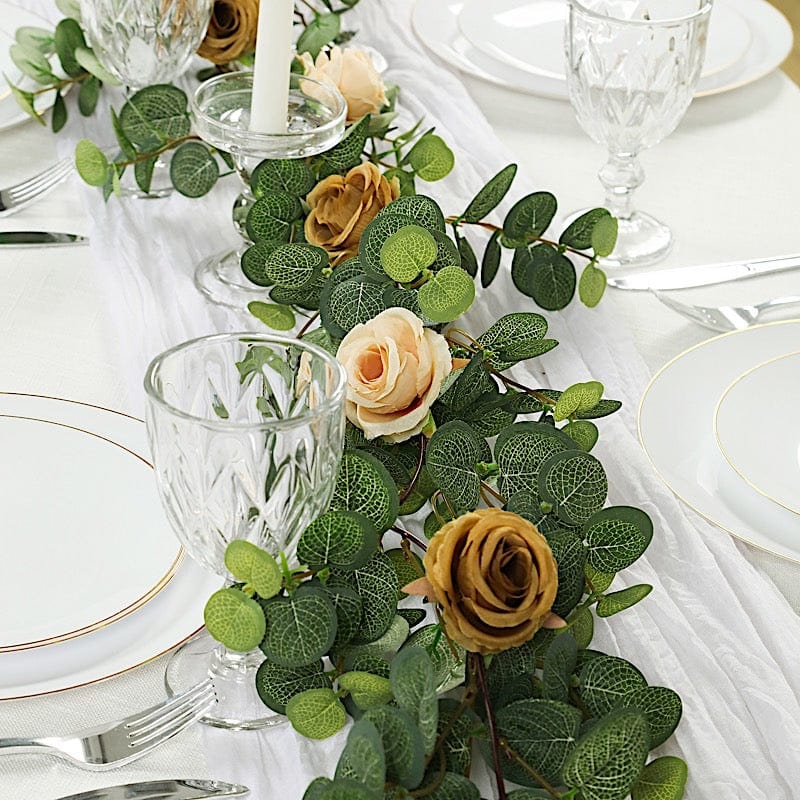 6 ft long Artificial Eucalyptus Foliage Garlands with Silk Roses - Frosted Green