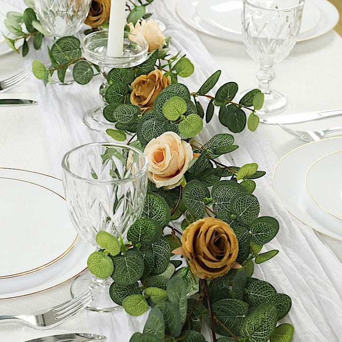6 ft long Artificial Eucalyptus Foliage Garlands with Silk Roses - Frosted Green
