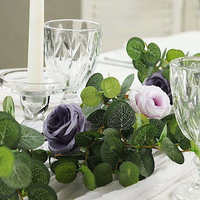 6 ft long Artificial Eucalyptus Foliage Garlands with Silk Roses - Frosted Green