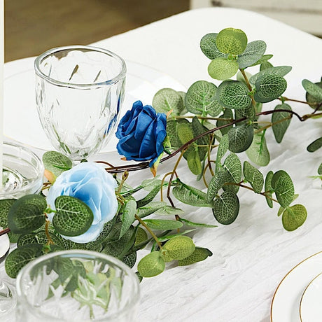 6 ft long Artificial Eucalyptus Foliage Garlands with Silk Roses - Frosted Green