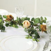 6 ft long Artificial Eucalyptus Foliage Garlands with Silk Roses - Frosted Green