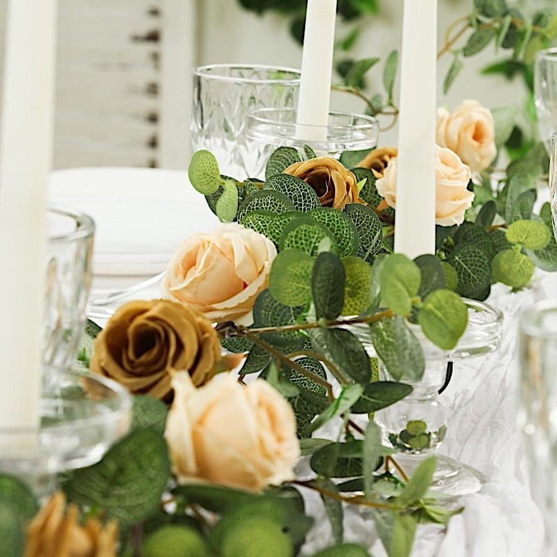 6 ft long Artificial Eucalyptus Foliage Garlands with Silk Roses - Frosted Green