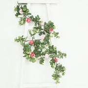 6 ft long Artificial Eucalyptus Foliage Garlands with Silk Roses - Frosted Green