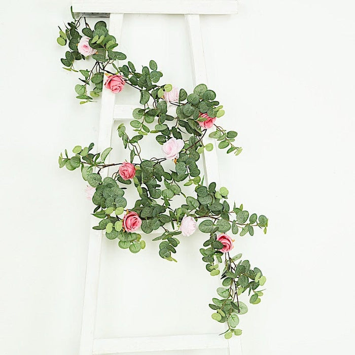 6 ft long Artificial Eucalyptus Foliage Garlands with Silk Roses - Frosted Green