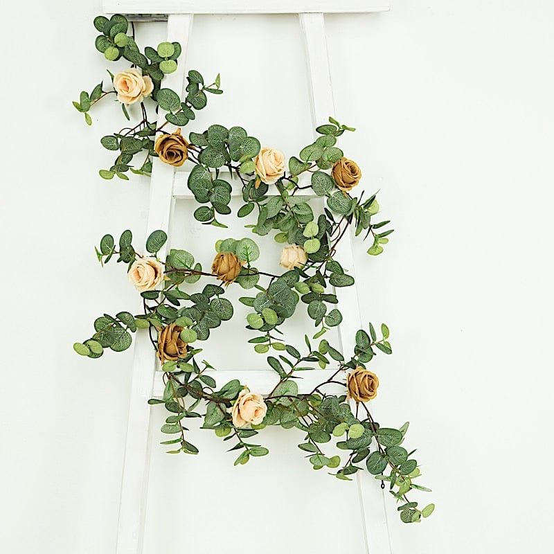 6 ft long Artificial Eucalyptus Foliage Garlands with Silk Roses - Frosted Green