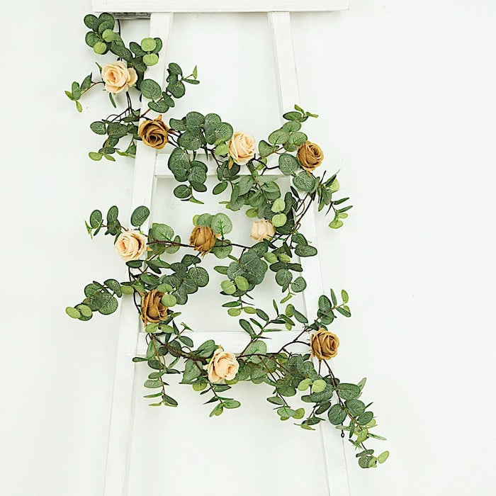 6 ft long Artificial Eucalyptus Foliage Garlands with Silk Roses - Frosted Green
