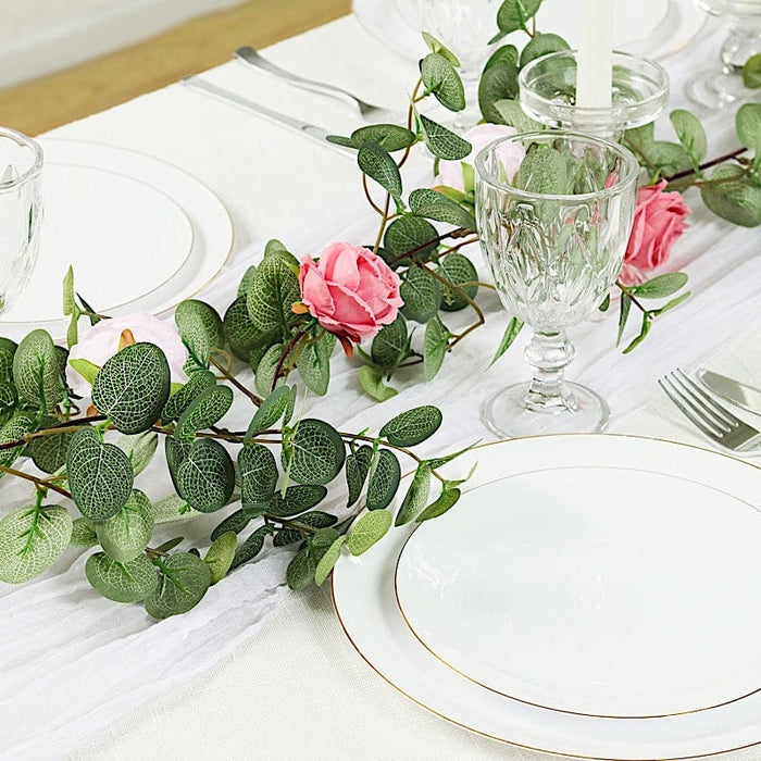 6 ft long Artificial Eucalyptus Foliage Garlands with Silk Roses - Frosted Green