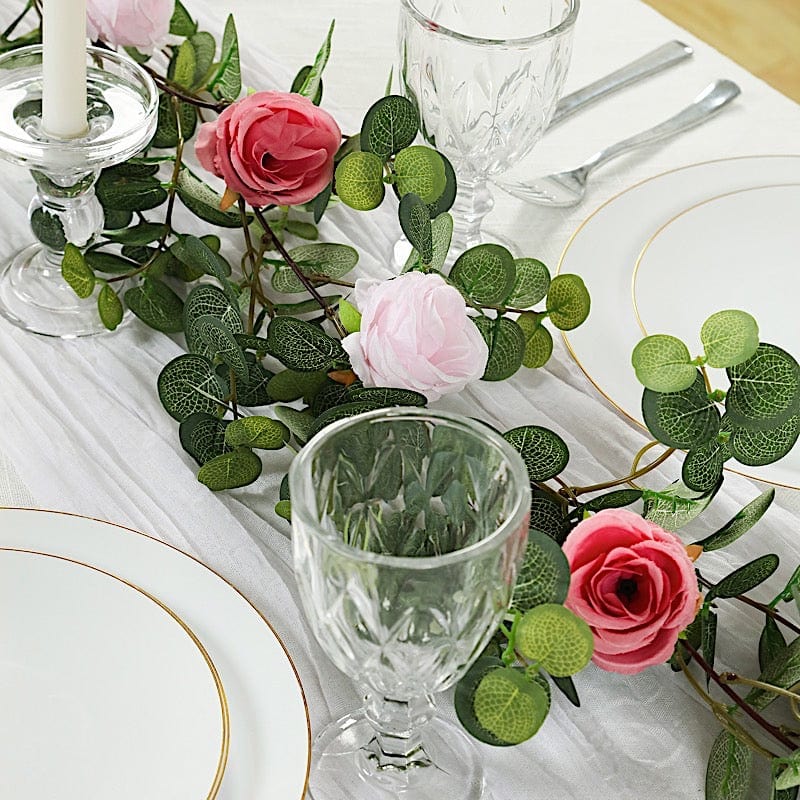 6 ft long Artificial Eucalyptus Foliage Garlands with Silk Roses - Frosted Green