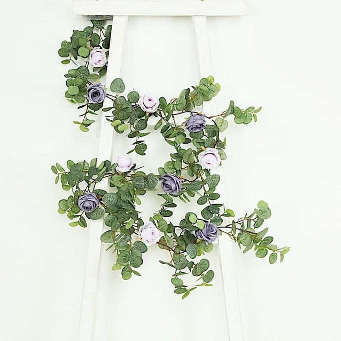 6 ft long Artificial Eucalyptus Foliage Garlands with Silk Roses - Frosted Green