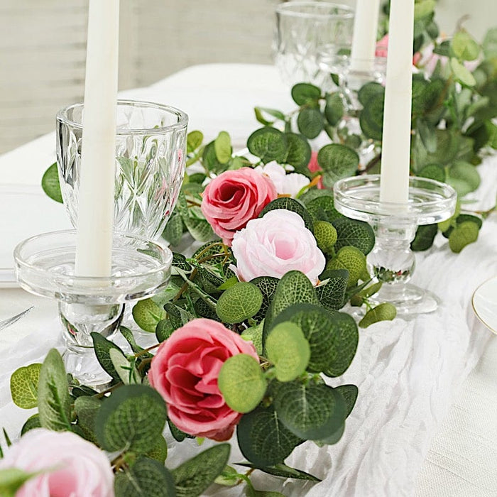 6 ft long Artificial Eucalyptus Foliage Garlands with Silk Roses - Frosted Green