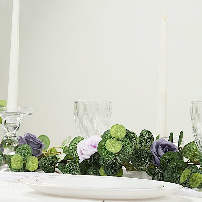 6 ft long Artificial Eucalyptus Foliage Garlands with Silk Roses - Frosted Green
