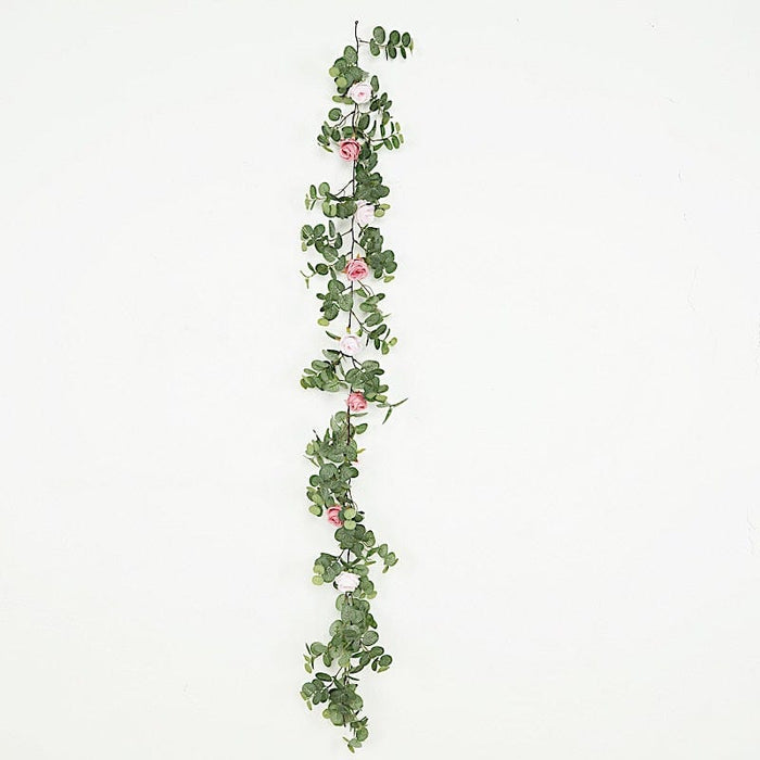 6 ft long Artificial Eucalyptus Foliage Garlands with Silk Roses - Frosted Green ARTI_GLND_GRN016_046080