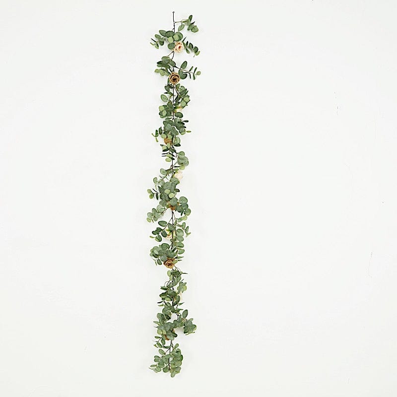 6 ft long Artificial Eucalyptus Foliage Garlands with Silk Roses - Frosted Green ARTI_GLND_GRN016_CRMGD
