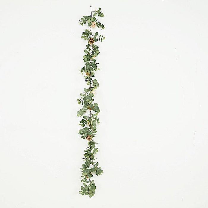 6 ft long Artificial Eucalyptus Foliage Garlands with Silk Roses - Frosted Green ARTI_GLND_GRN016_CRMGD