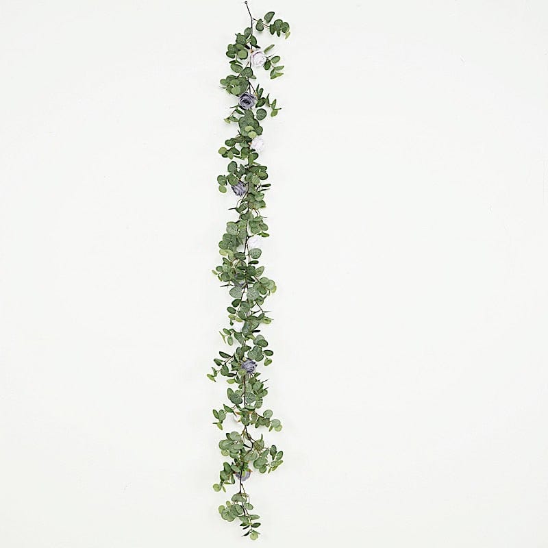 6 ft long Artificial Eucalyptus Foliage Garlands with Silk Roses - Frosted Green ARTI_GLND_GRN016_LAVPURP
