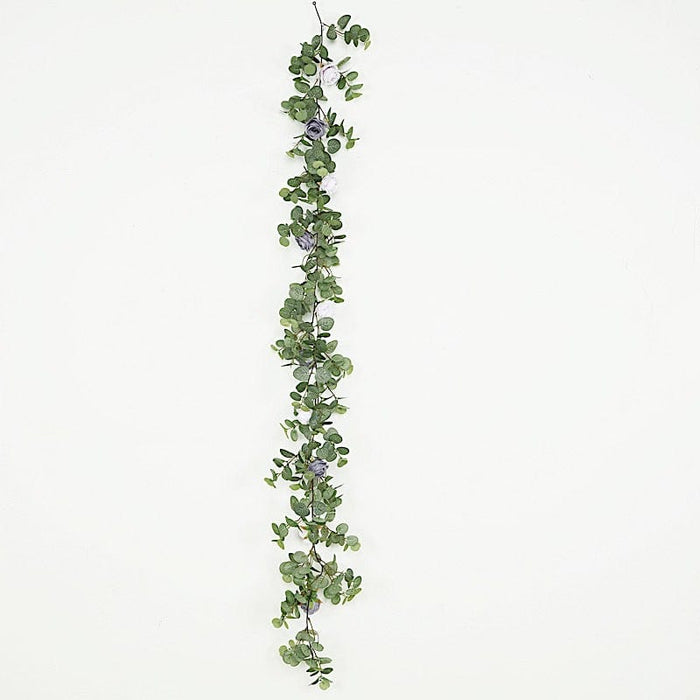 6 ft long Artificial Eucalyptus Foliage Garlands with Silk Roses - Frosted Green ARTI_GLND_GRN016_LAVPURP