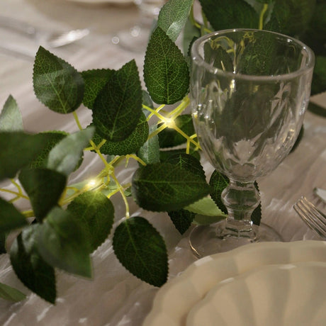 6 ft Rose Leaves Garland with Battery Operated LED Lights - Green LEDSTR_ARTI_GLND_GRN021