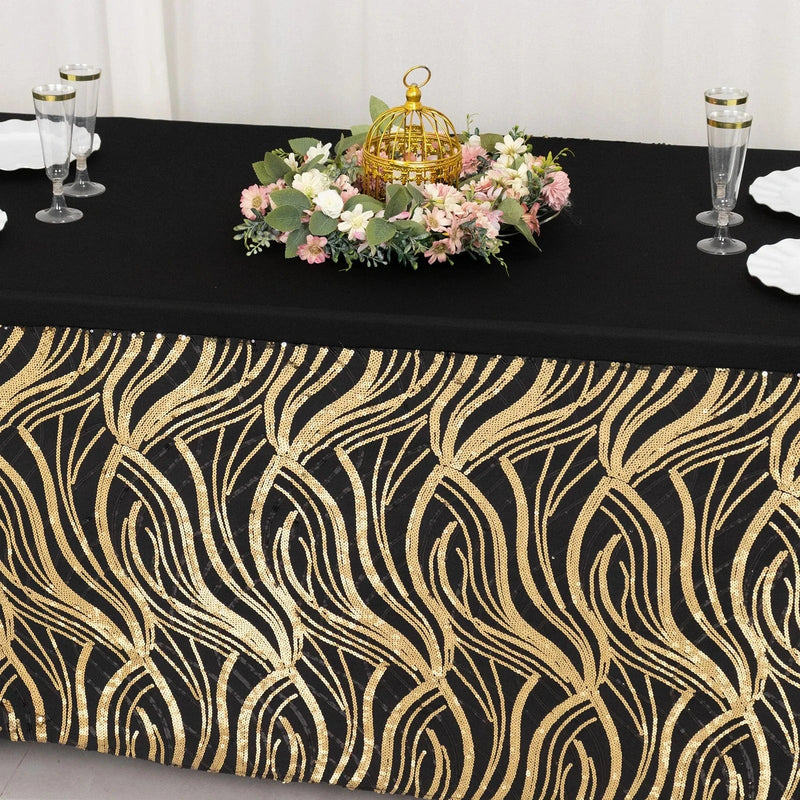 6 ft Spandex Tablecloth with Wave Embroidered Sequins - Black and Gold TAB_REC_SPX6FT_02_WAVE_BLKGD