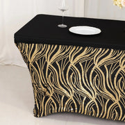 6 ft Spandex Tablecloth with Wave Embroidered Sequins - Black and Gold TAB_REC_SPX6FT_02_WAVE_BLKGD