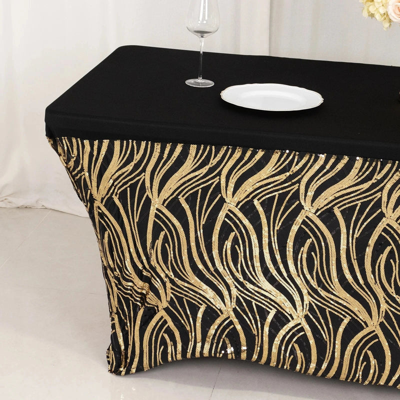 6 ft Spandex Tablecloth with Wave Embroidered Sequins - Black and Gold TAB_REC_SPX6FT_02_WAVE_BLKGD