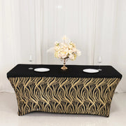 6 ft Spandex Tablecloth with Wave Embroidered Sequins - Black and Gold TAB_REC_SPX6FT_02_WAVE_BLKGD