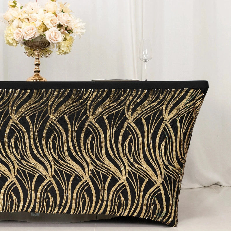 6 ft Spandex Tablecloth with Wave Embroidered Sequins - Black and Gold TAB_REC_SPX6FT_02_WAVE_BLKGD