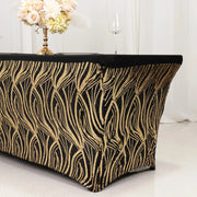6 ft Spandex Tablecloth with Wave Embroidered Sequins - Black and Gold TAB_REC_SPX6FT_02_WAVE_BLKGD