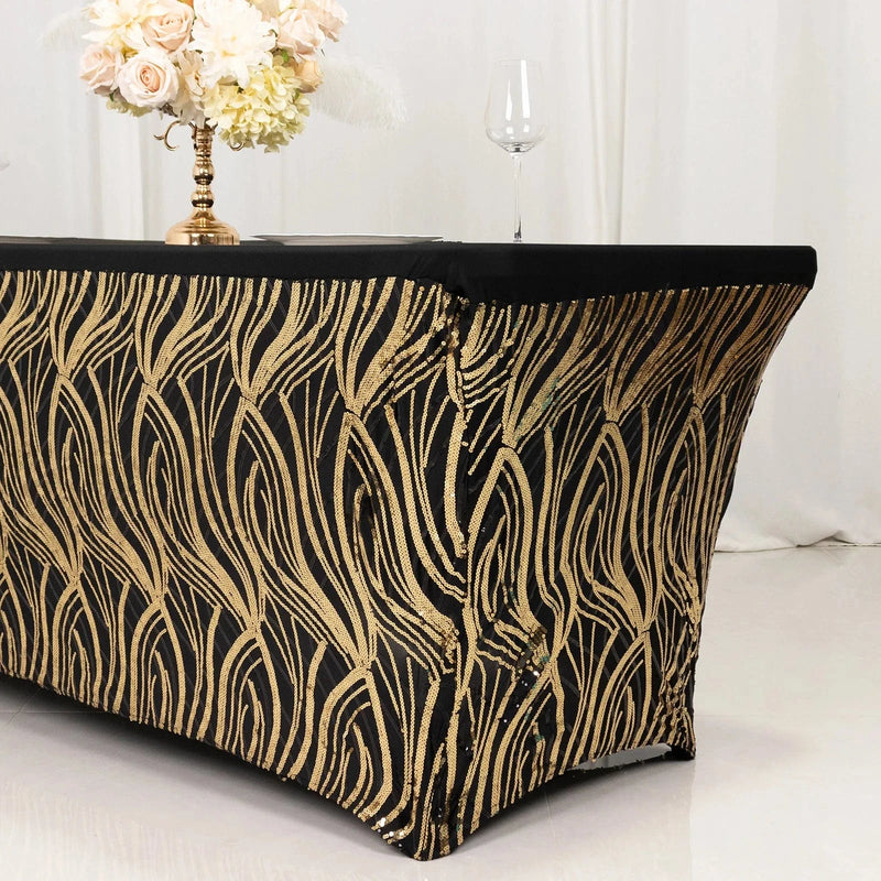 6 ft Spandex Tablecloth with Wave Embroidered Sequins - Black and Gold TAB_REC_SPX6FT_02_WAVE_BLKGD