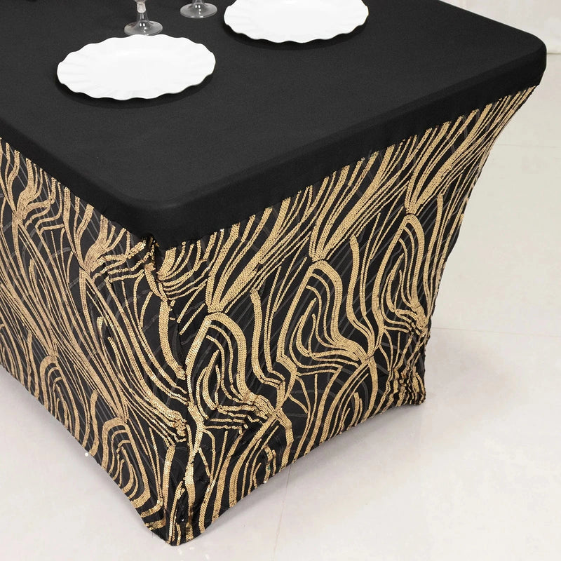 6 ft Spandex Tablecloth with Wave Embroidered Sequins - Black and Gold TAB_REC_SPX6FT_02_WAVE_BLKGD