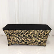 6 ft Spandex Tablecloth with Wave Embroidered Sequins - Black and Gold TAB_REC_SPX6FT_02_WAVE_BLKGD