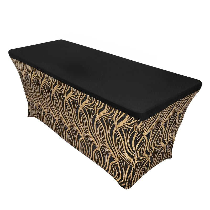 6 ft Spandex Tablecloth with Wave Embroidered Sequins - Black and Gold TAB_REC_SPX6FT_02_WAVE_BLKGD