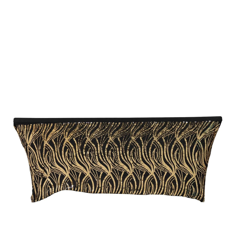 6 ft Spandex Tablecloth with Wave Embroidered Sequins - Black and Gold TAB_REC_SPX6FT_02_WAVE_BLKGD