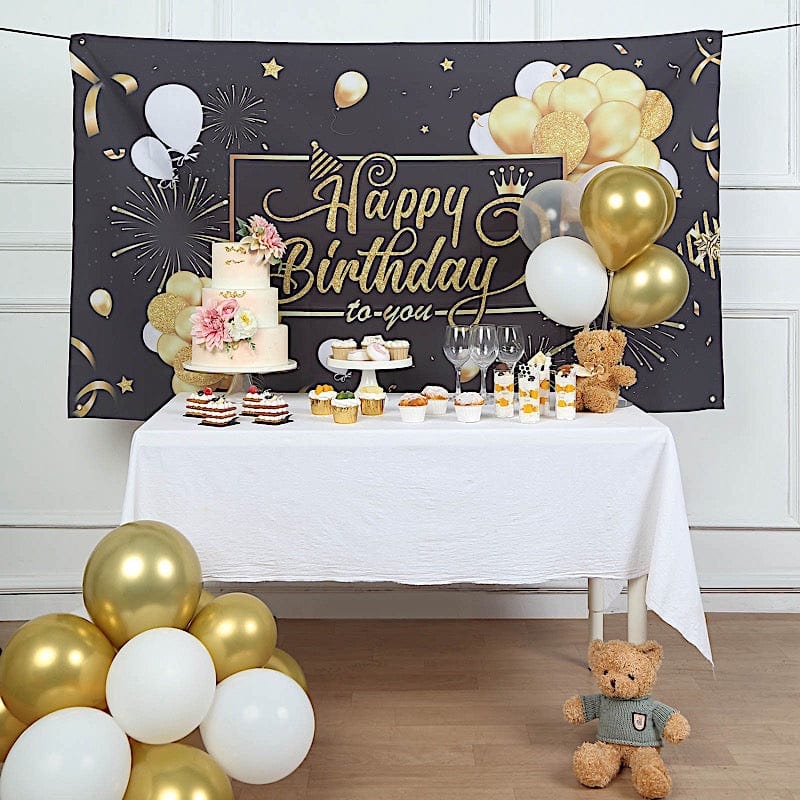 6 ft x 3 ft Printed Polyester Photo Backdrop Happy Birthday Party Banner - Black and Gold BKDP_VIN_6X3_BDAY01