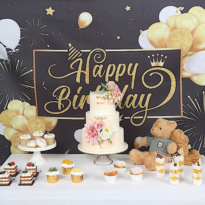 6 ft x 3 ft Printed Polyester Photo Backdrop Happy Birthday Party Banner - Black and Gold BKDP_VIN_6X3_BDAY01