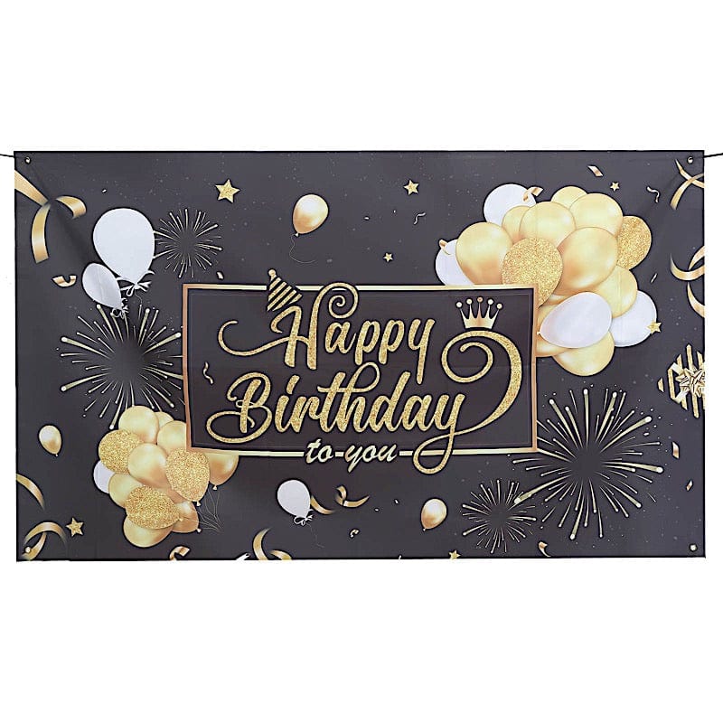 6 ft x 3 ft Printed Polyester Photo Backdrop Happy Birthday Party Banner - Black and Gold BKDP_VIN_6X3_BDAY01