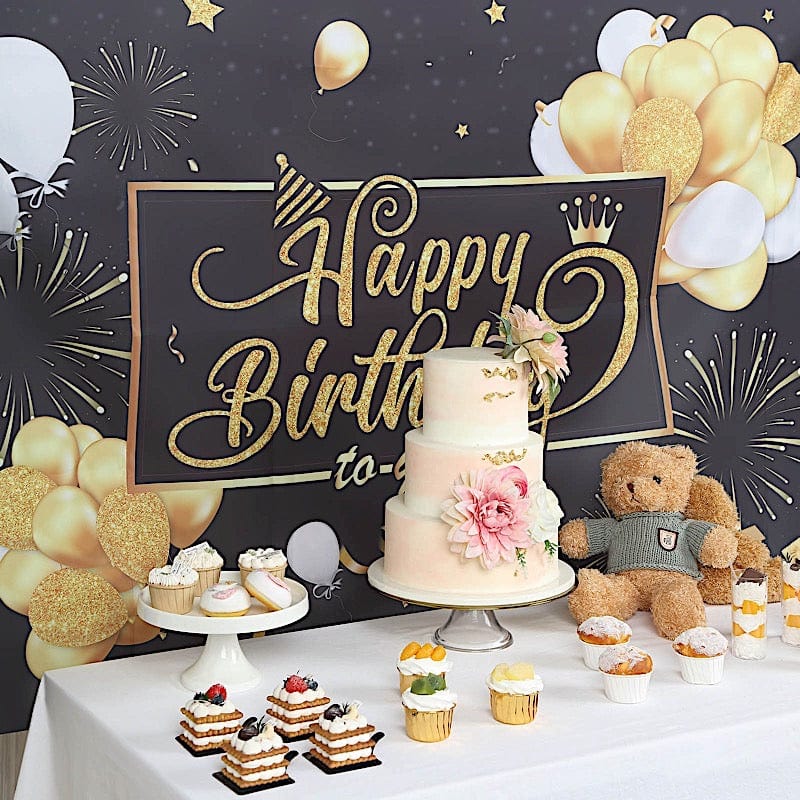 6 ft x 3 ft Printed Polyester Photo Backdrop Happy Birthday Party Banner - Black and Gold BKDP_VIN_6X3_BDAY01