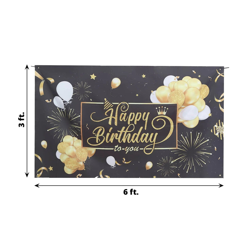6 ft x 3 ft Printed Polyester Photo Backdrop Happy Birthday Party Banner - Black and Gold BKDP_VIN_6X3_BDAY01
