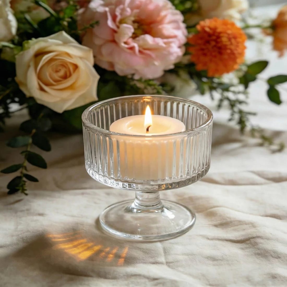 6 Glass Candle Holders with Ribbed Vintage Coupe Design - Clear CAND_HOLD_018_T3_RIB_CLR