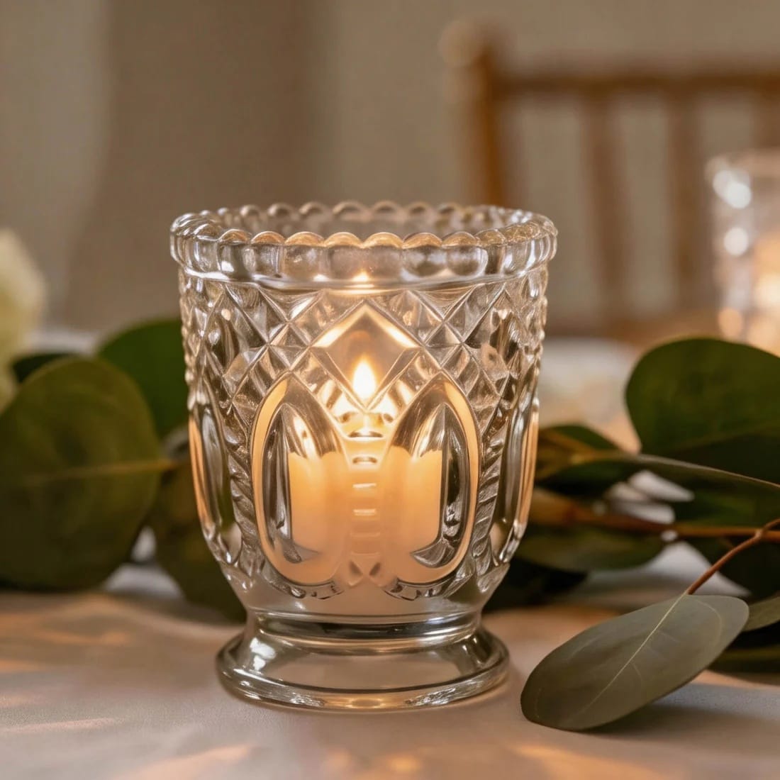 6 Glass Candle Holders with Vintage Textured Design - Clear CAND_HOLD_019_CLR