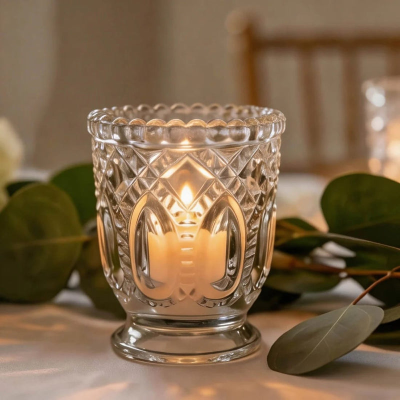 6 Glass Candle Holders with Vintage Textured Design - Clear CAND_HOLD_019_CLR