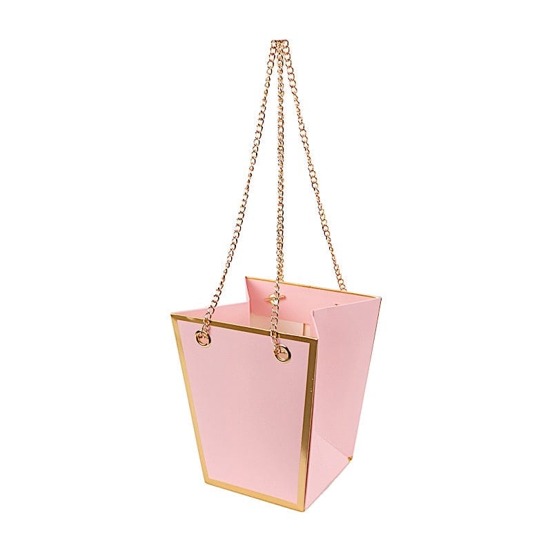 6 Gold Edge Trapezoid 5" Paper Gift Bags with Metal Chain Handles BAG_PAP06_5X6_PINK