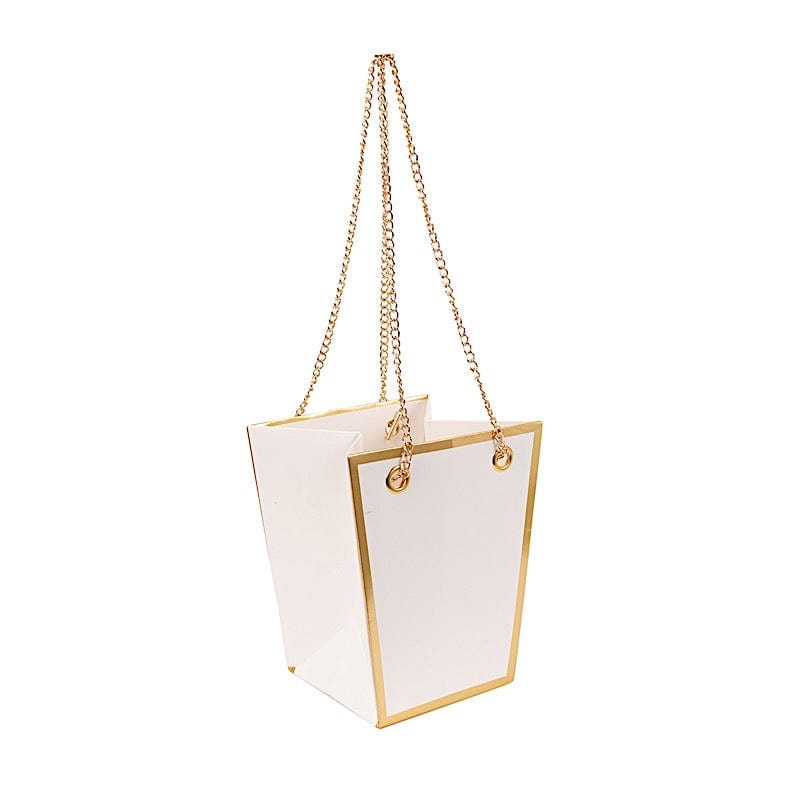 6 Gold Edge Trapezoid 5" Paper Gift Bags with Metal Chain Handles BAG_PAP06_5X6_WHT